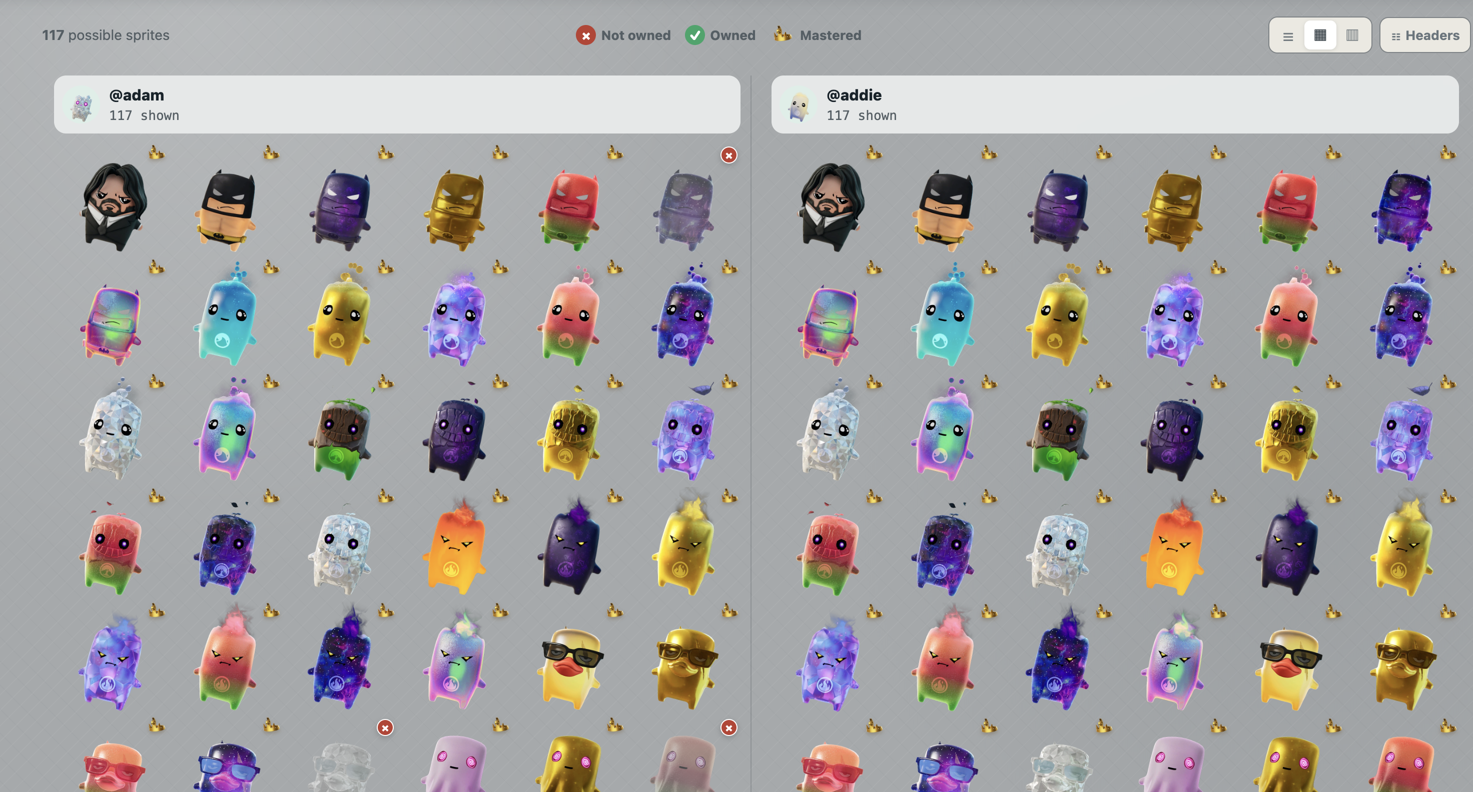 SpriteDex comparison showing Adam and Addie’s Sprite collections side by side